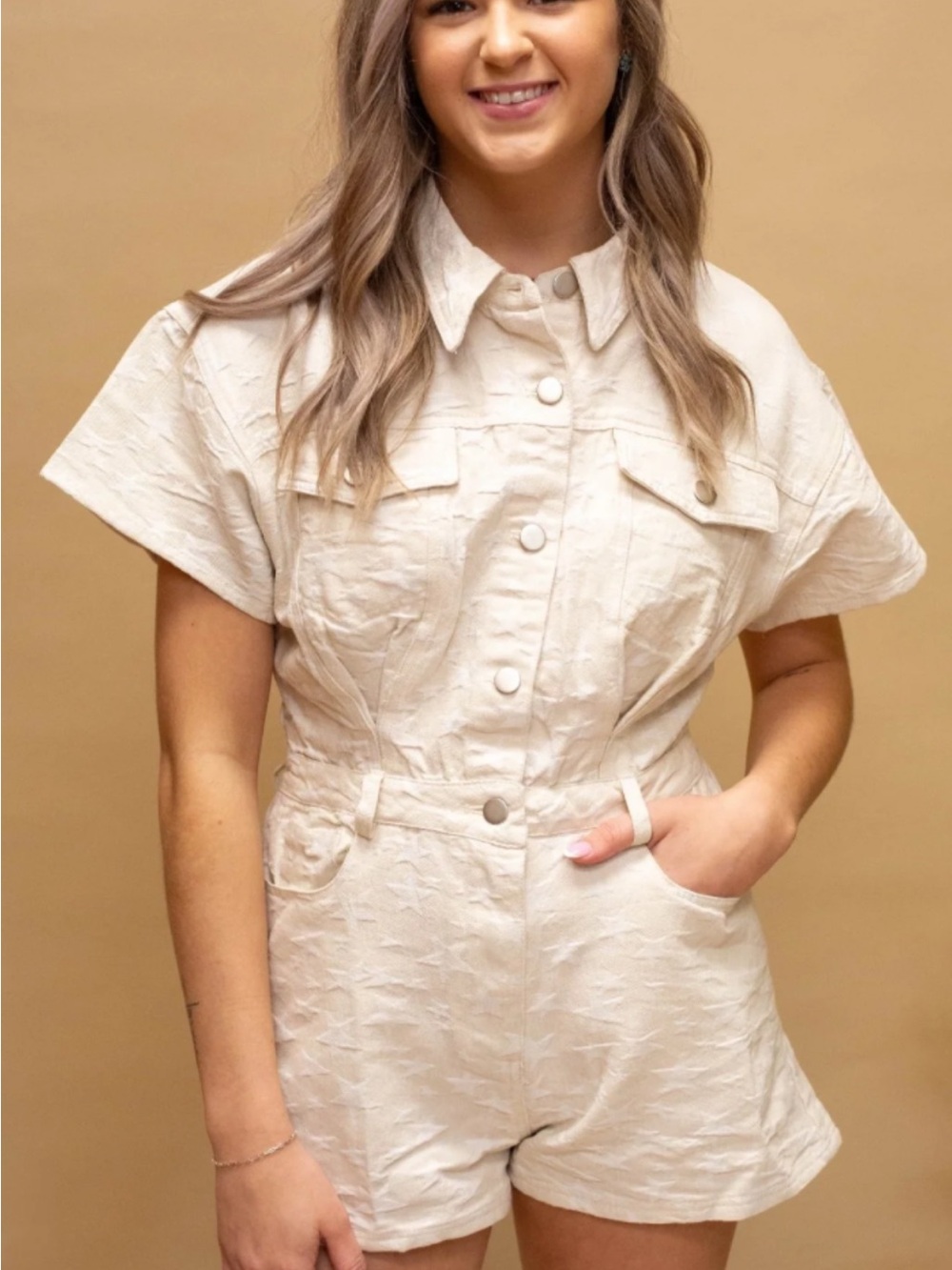 Cream Short Sleeve Utility Romper